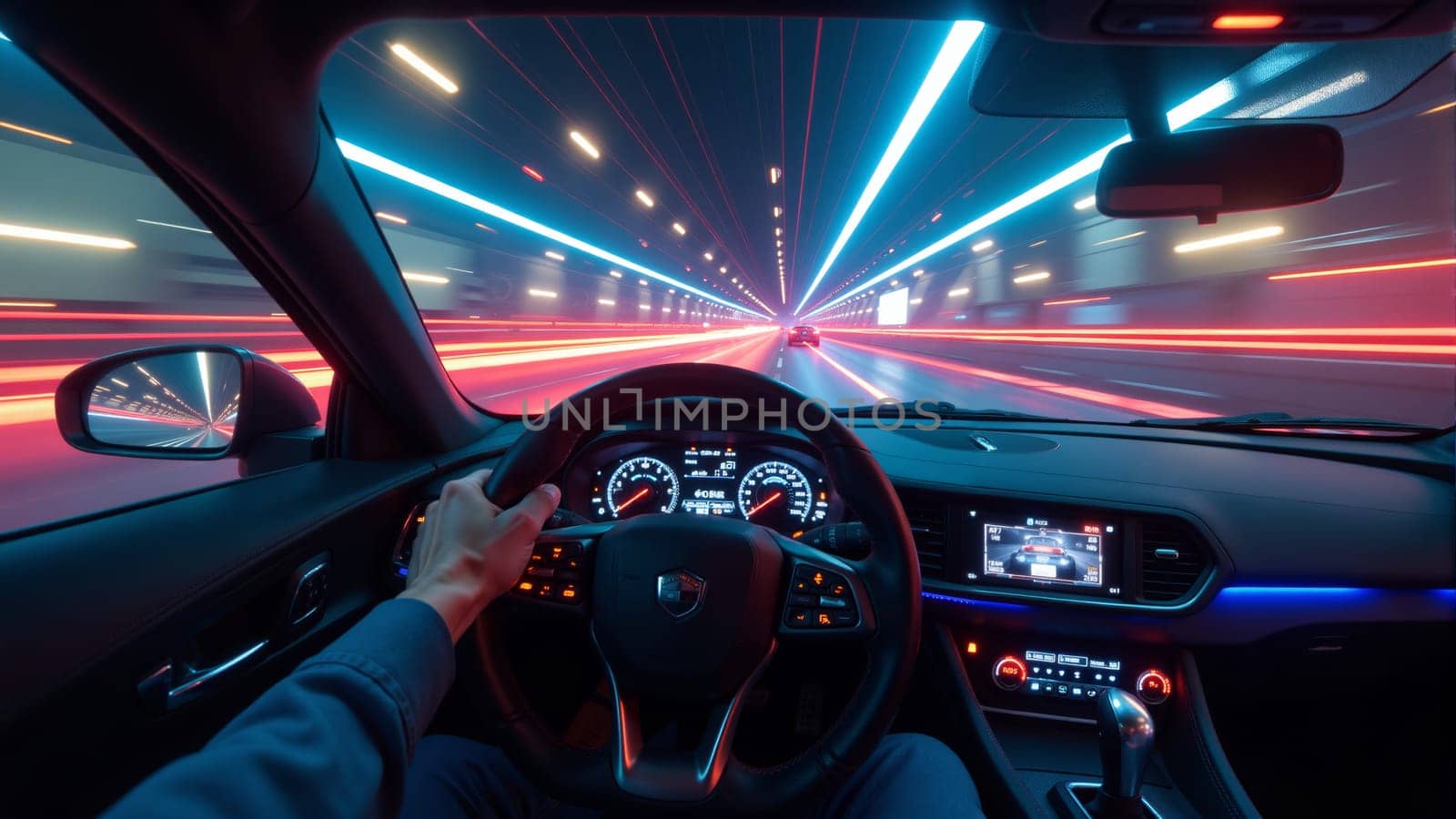 A driver grips the steering wheel, navigating a tunnel filled with vivid blue and red lights, creating an exhilarating sense of speed and excitement during an exhilarating nighttime journey.