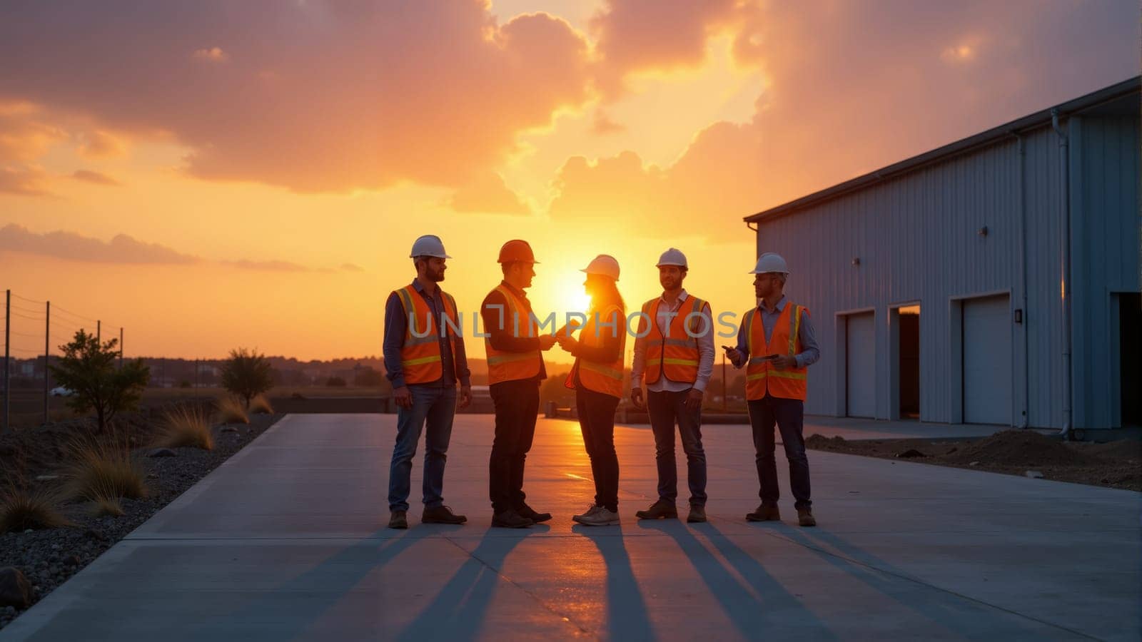 As dusk settles, a group of construction workers in safety gear converse and collaborate on a busy site. The golden sunset casts a warm glow, framing their silhouettes against towering machinery.