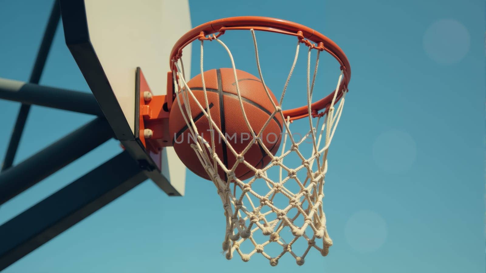 On a bright afternoon, a basketball gracefully sails through the net of a weathered hoop, capturing the thrill of outdoor play. The blue sky serves as the backdrop for this lively moment.