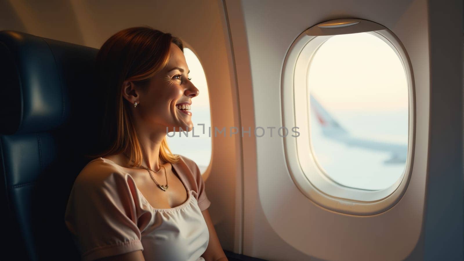 A young woman smiles radiantly as she gazes out the airplane window, soaking in the tranquil sunset and the vast sky while traveling to her next adventure.