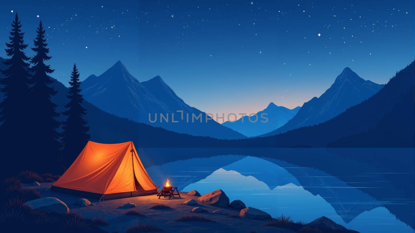 A warm, inviting tent glows softly beside a calm lake reflecting the starlit sky, framed by majestic mountains. The tranquil scene evokes a sense of peace and adventure at dusk.