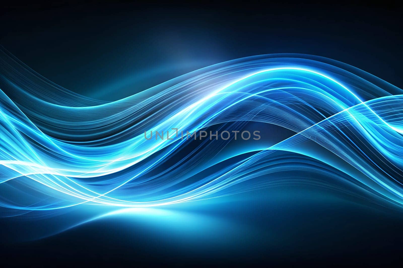 Vibrant blue light waves intertwine against a dark background, creating an energetic and fluid visual effect, suggesting movement and depth.