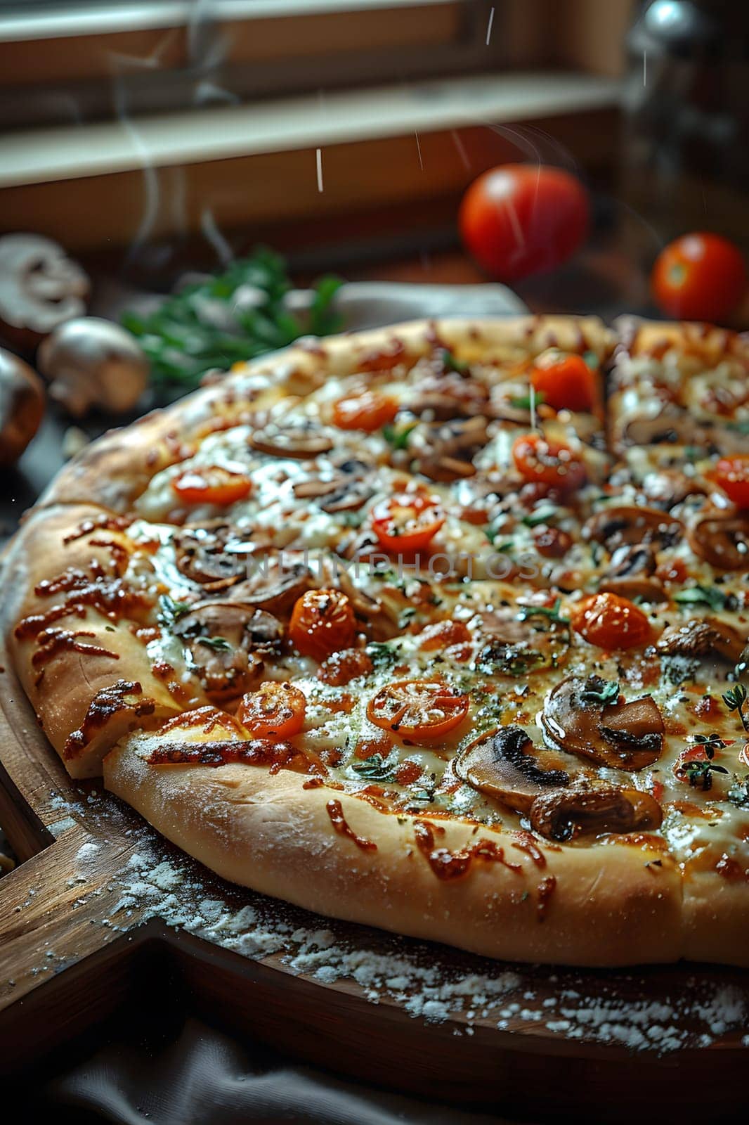 A Californiastyle pizza topped with mushrooms, tomatoes, and cheese is presented on a wooden cutting board, showcasing a delicious and savory dish
