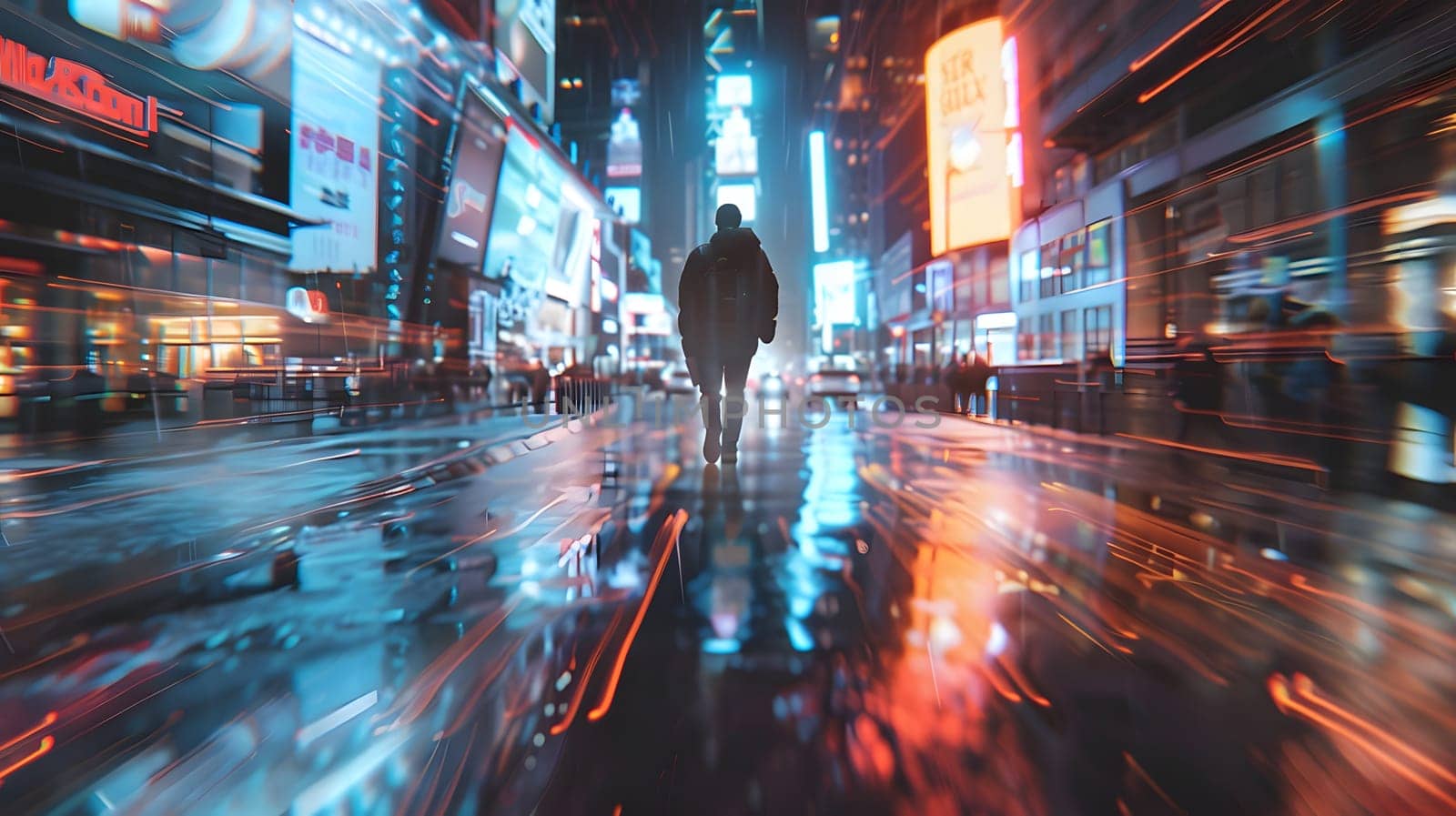 A person walks in a bustling city at night, colorful lights reflect off wet pavement
