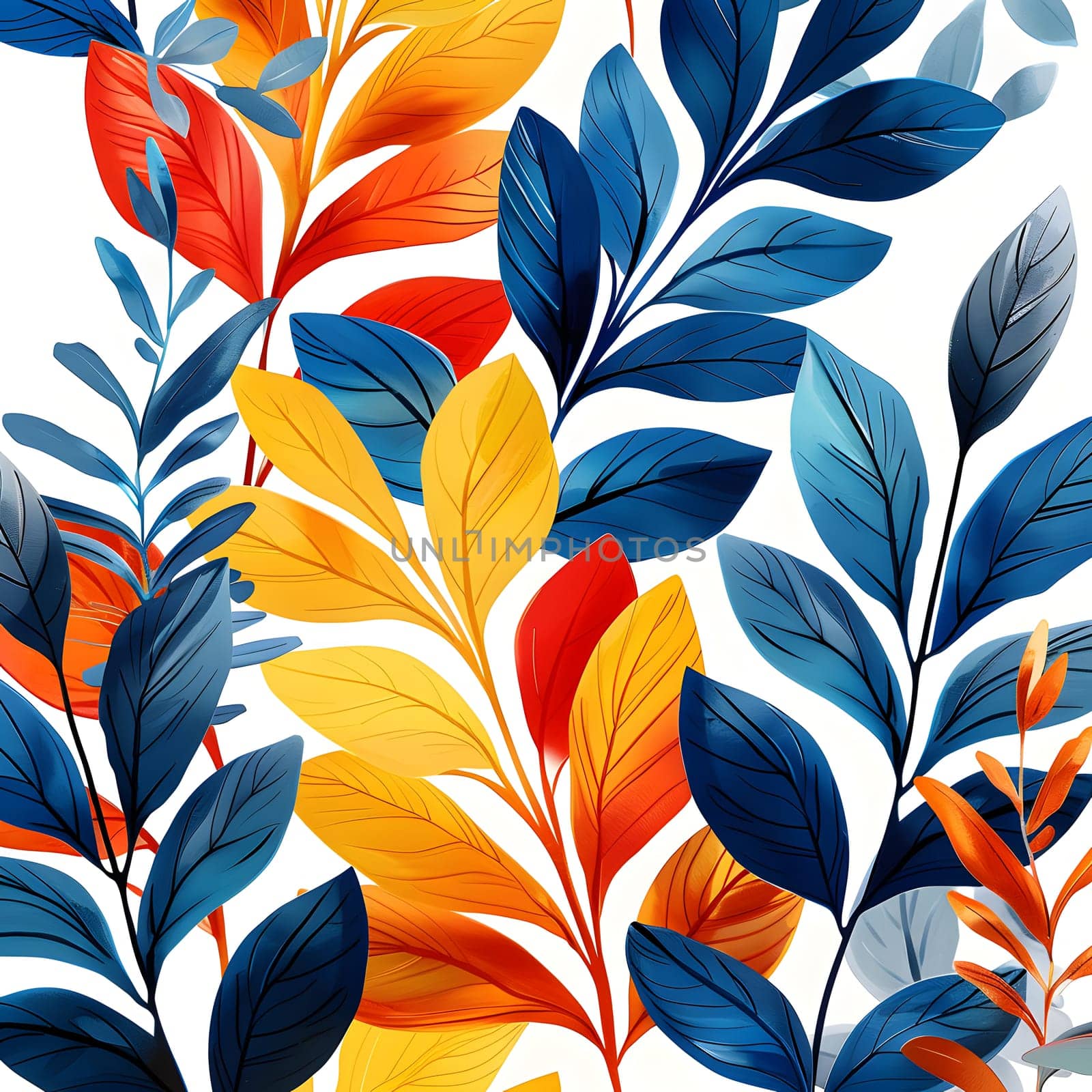 A beautiful seamless pattern of vibrant leaves, inspired by botanical art and painted with care. This textile design captures the essence of natures colorful organisms in a stunning display of art