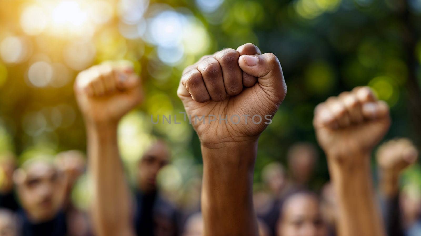 A diverse group of individuals stands together, raising their fists in unity and protest, surrounded by greenery as the sun sets, emphasizing their call for justice and change - Generative AI