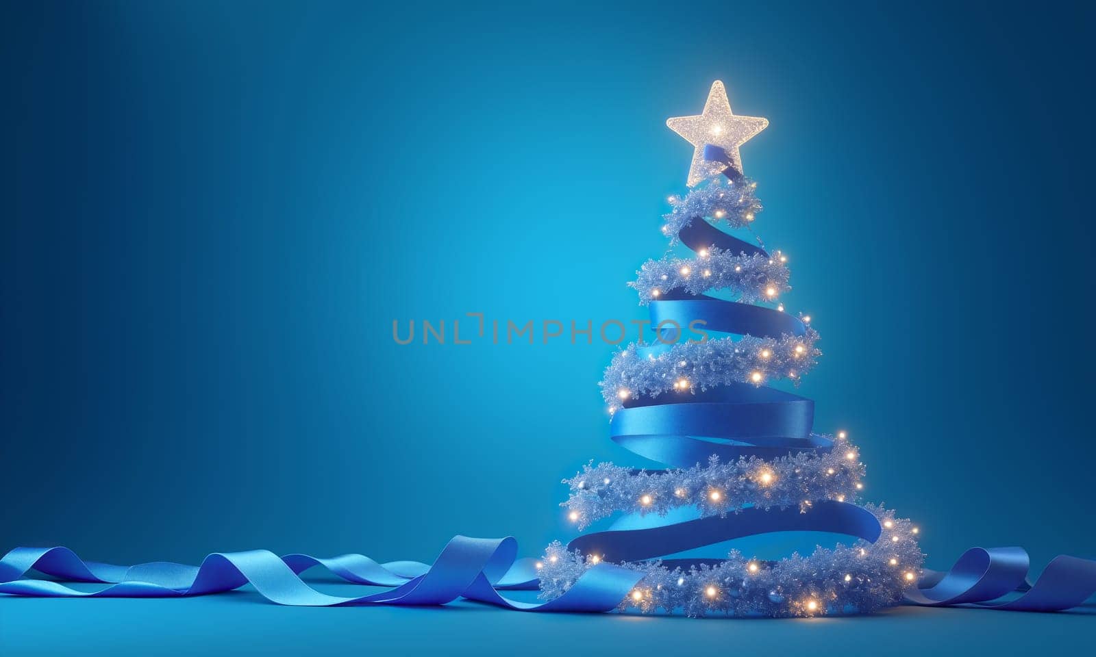 A decorative Christmas tree features vibrant blue ribbon and twinkling lights, crowned with a star, creating a festive atmosphere - Generative AI