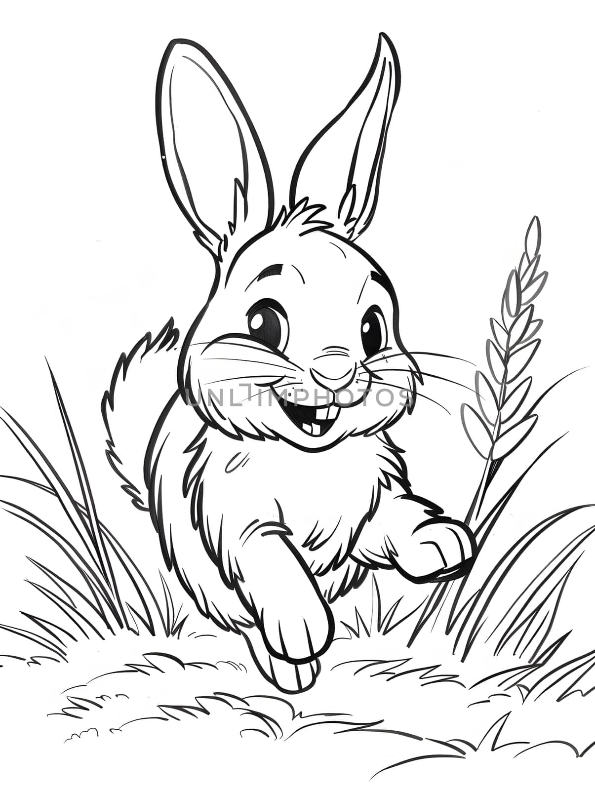 A cartoon drawing of a rabbit, a mammal vertebrate, running through the grass. Its ears and jaw are defined, showing a playful gesture