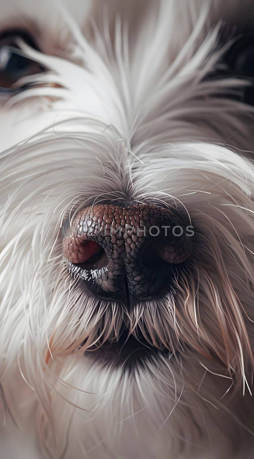 A detailed close-up of a dog's nose and fur showcasing texture and detail