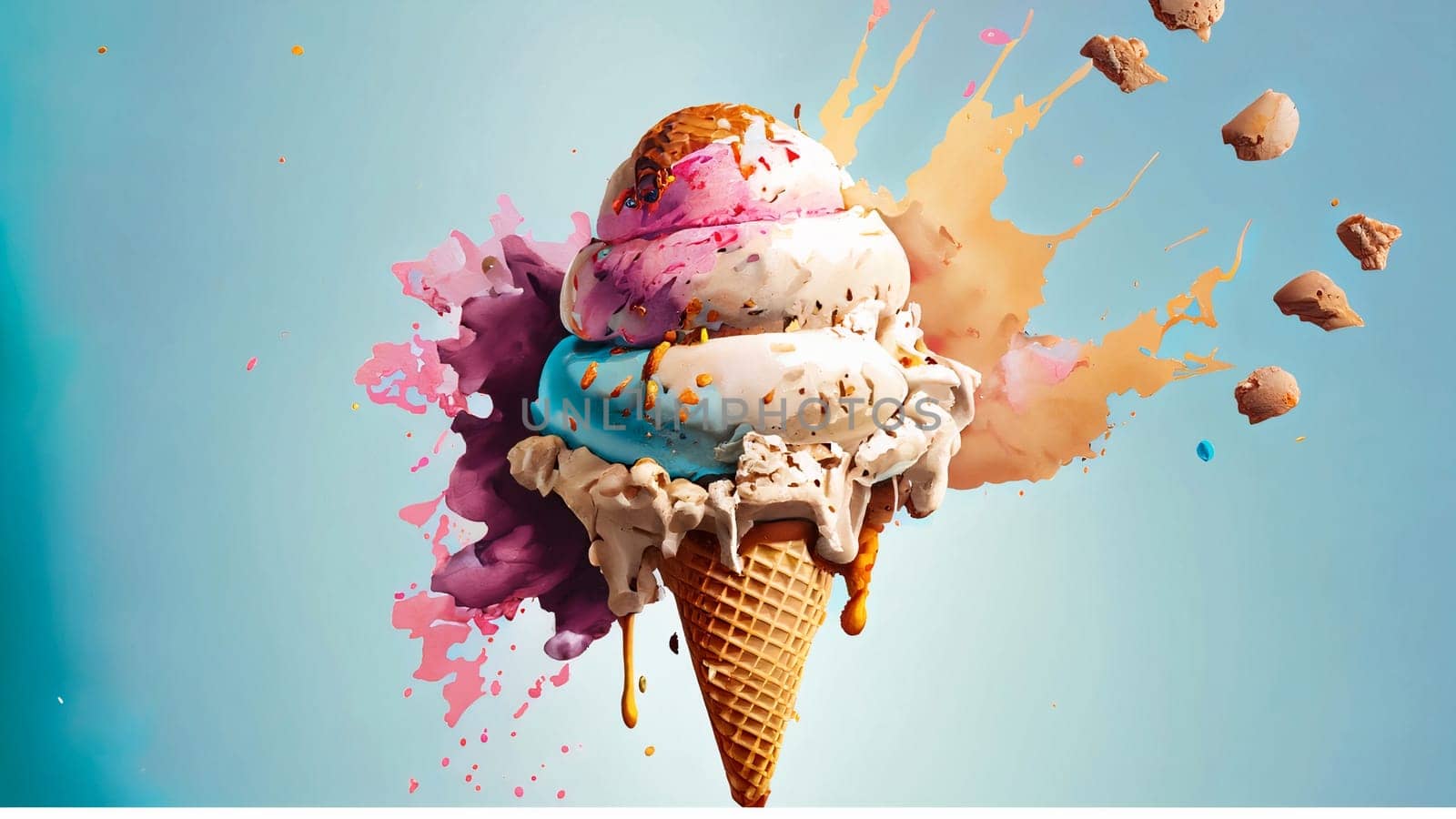 colorful chaos, the ice cream remains the focal point. explosion of Ice Cream. Summer time. 3D illustration, 3D rendering. futuristic realistic 3d creative concept design. High quality photo
