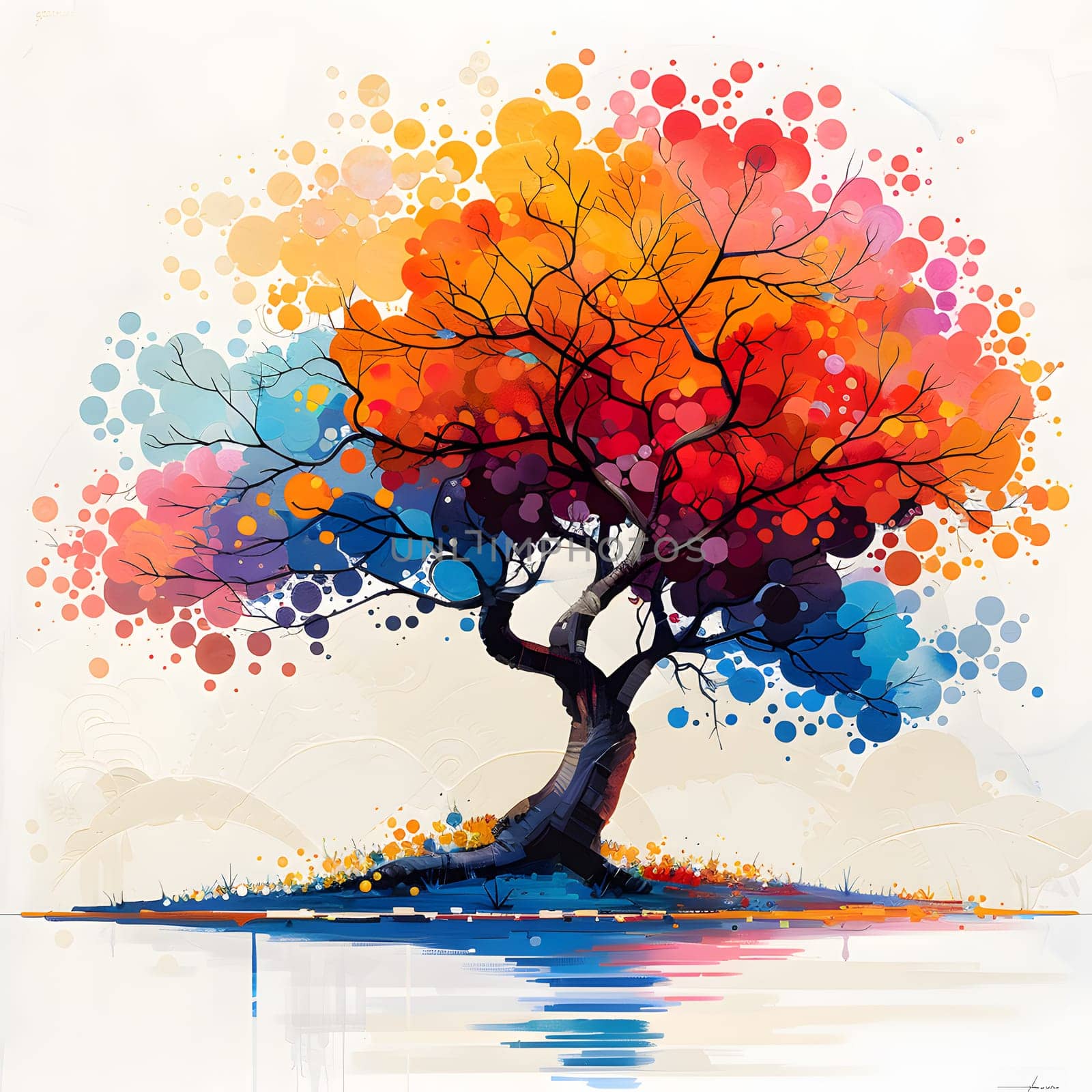 An art painting of a vibrant tree with colorful branches reflected in the water, capturing the beauty of a natural landscape