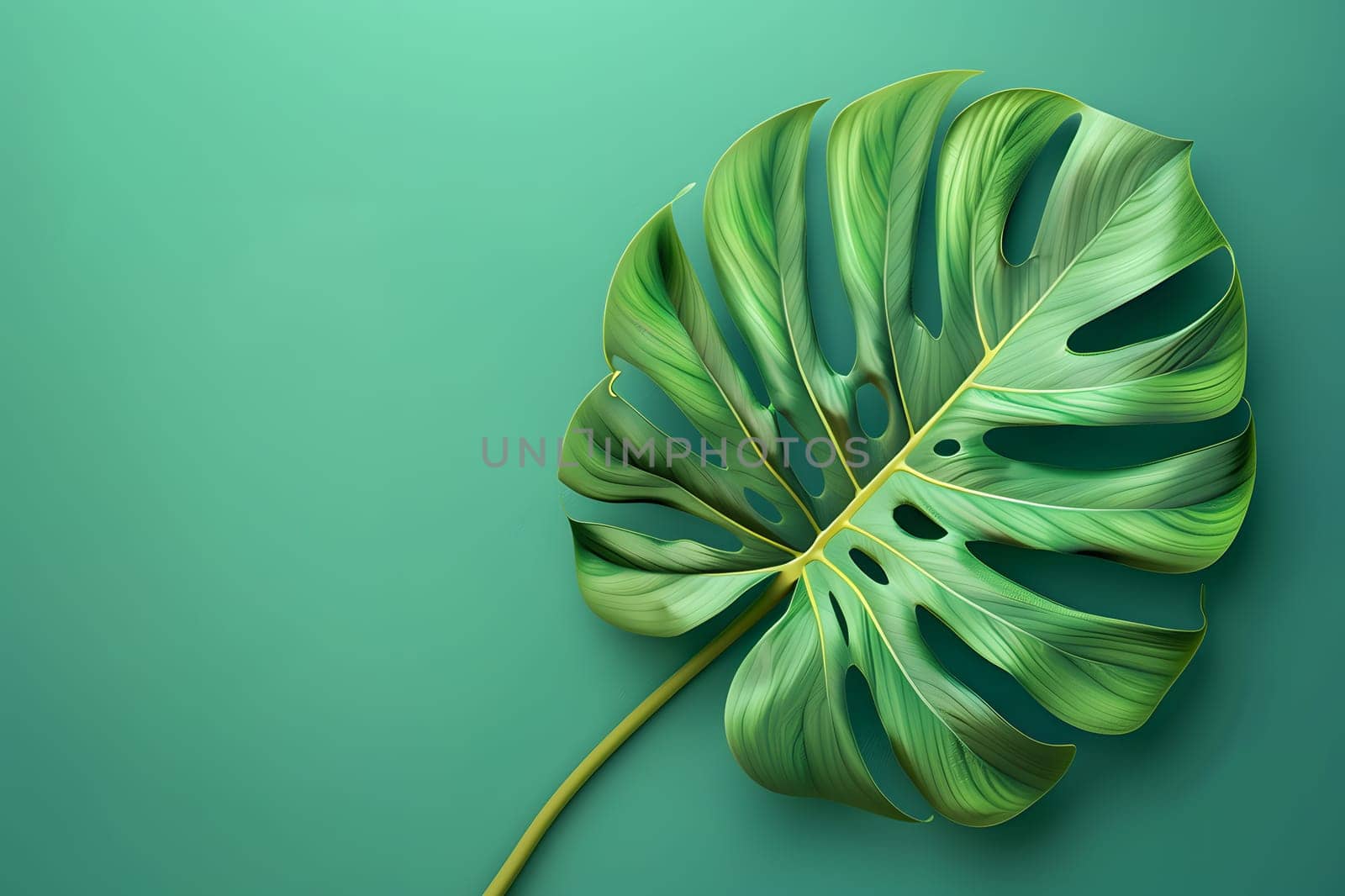 Monstera leaf close-up on a green background, showcasing natural beauty
