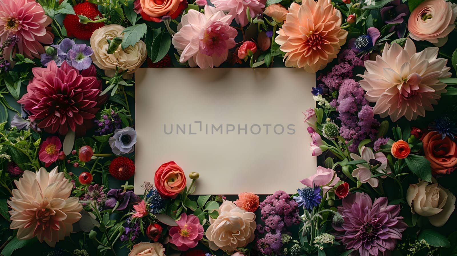 A white card is elegantly framed by a vibrant bouquet of pink roses, green leaves, and colorful flowers. This creative flower arrangement showcases beauty in nature