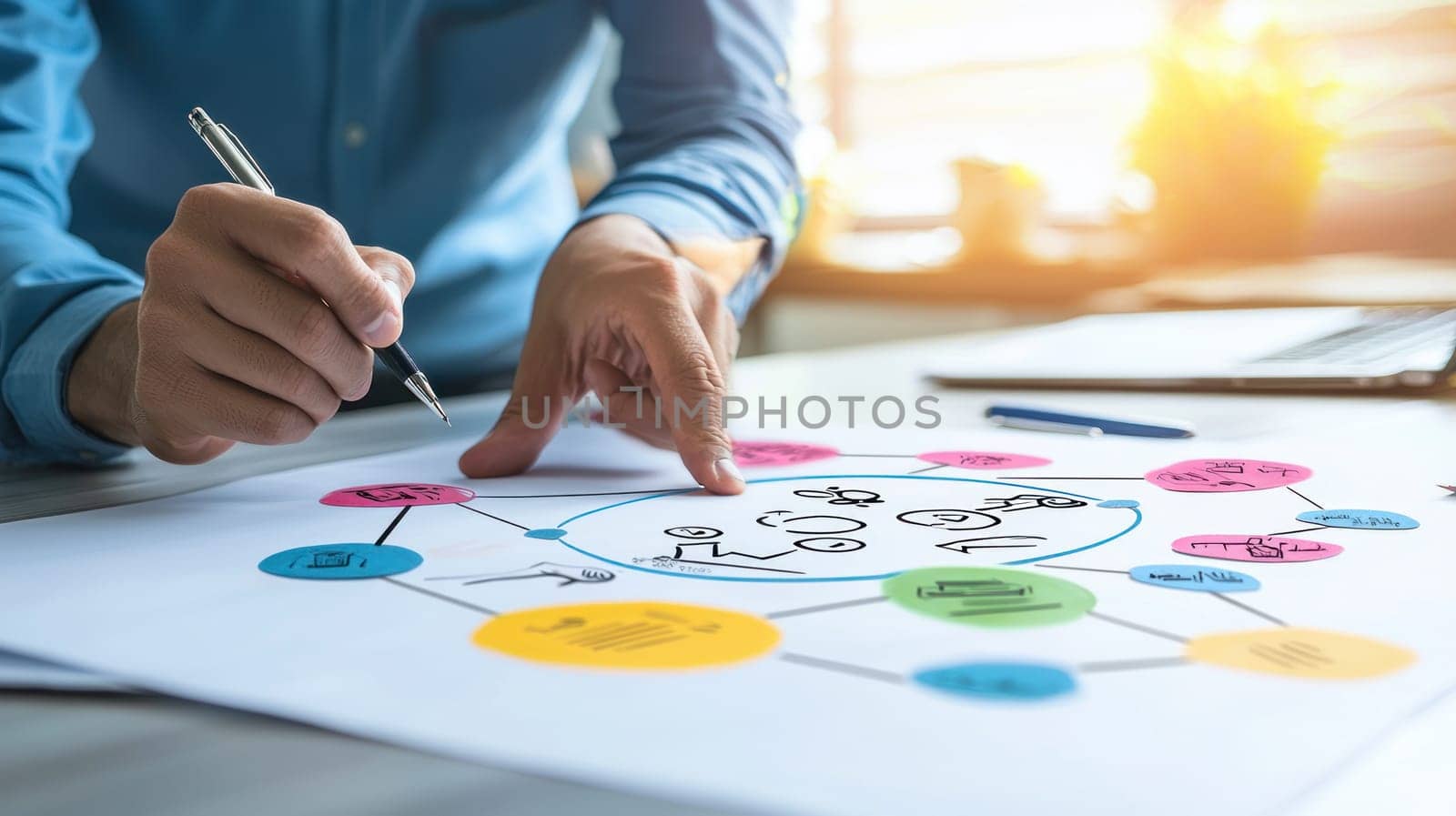 person analyzing diagram with colorful elements, showcasing digital integration.