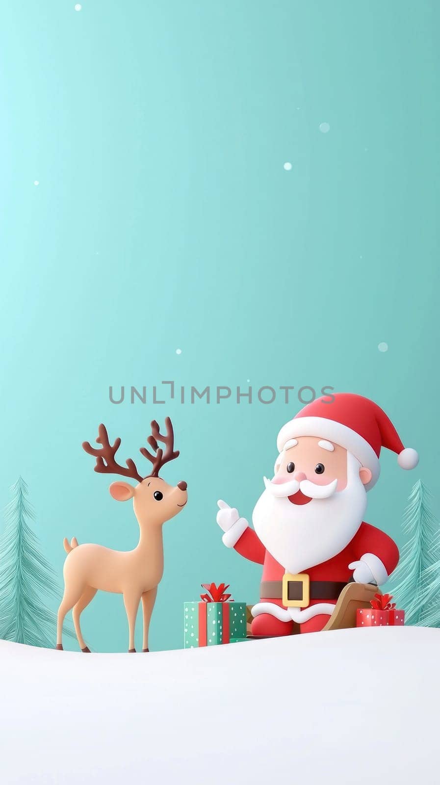 Cute Santa Claus and reindeer sitting in snow, spreading joy and cheer.
