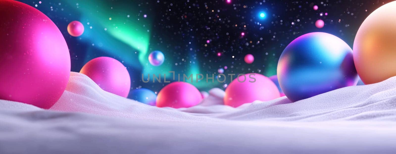 Surreal landscape with oversized colorful baubles and auroras.
