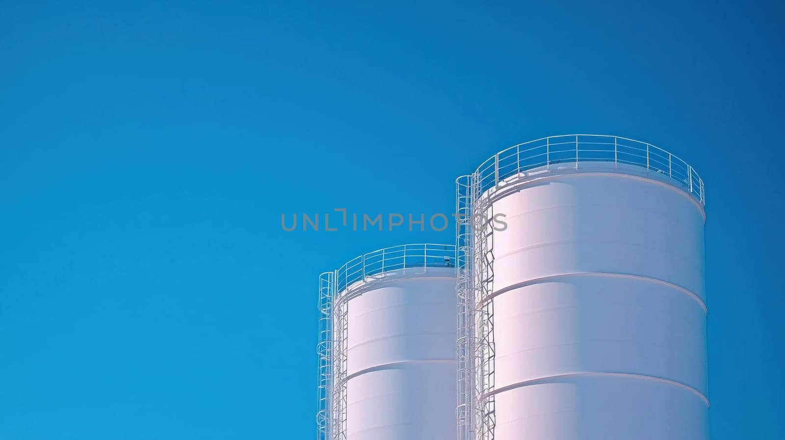 Large storage tanks at fuel refinery against clear blue sky.