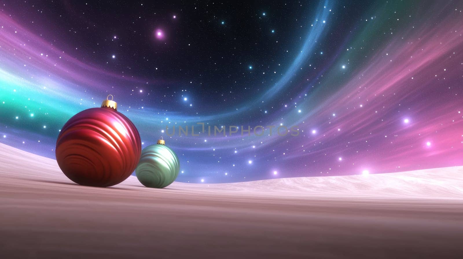 Surreal Christmas landscape with oversized baubles under starry sky.