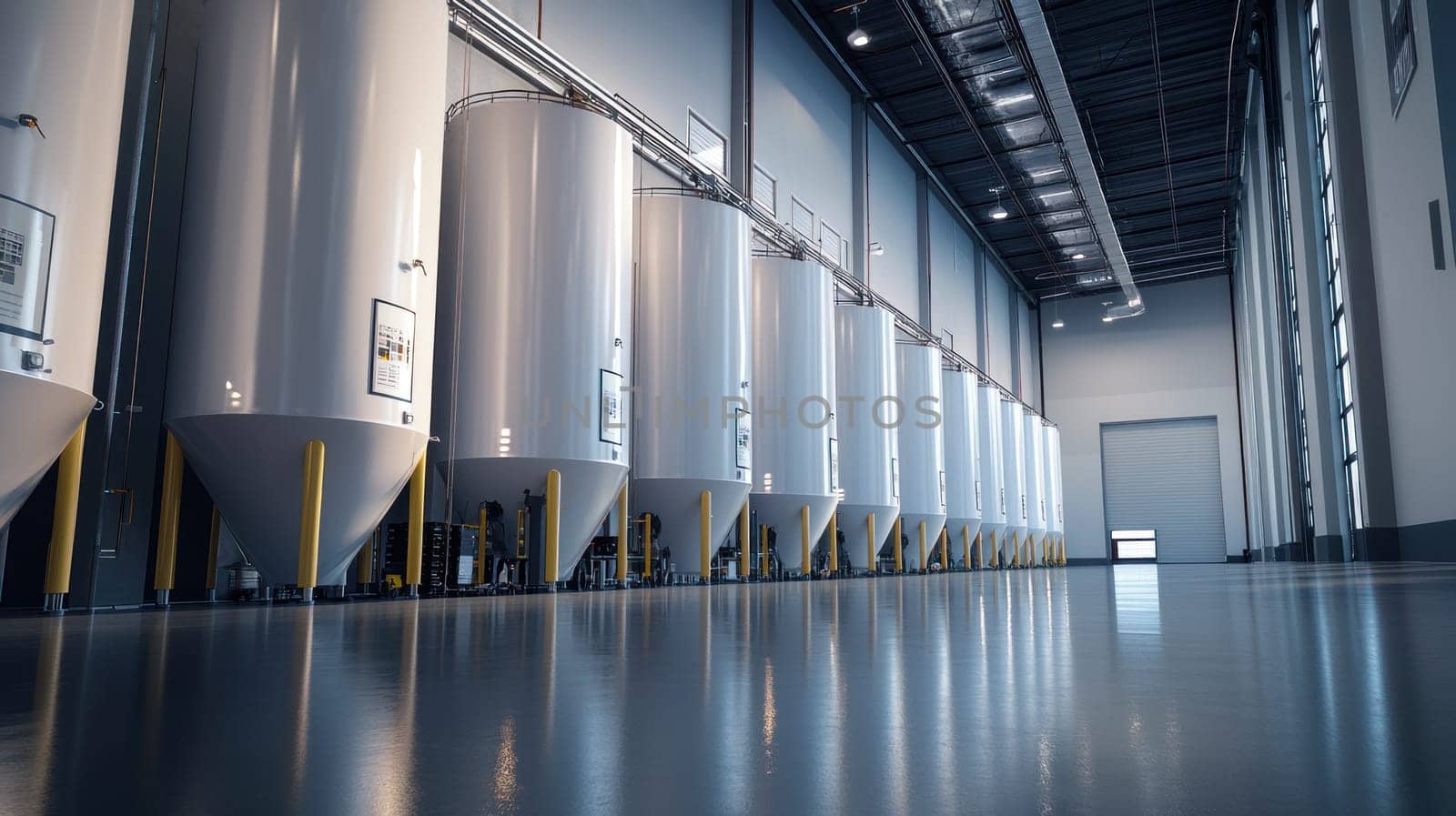 Large biofuel storage tanks in modern processing facility create eco friendly atmosphere.