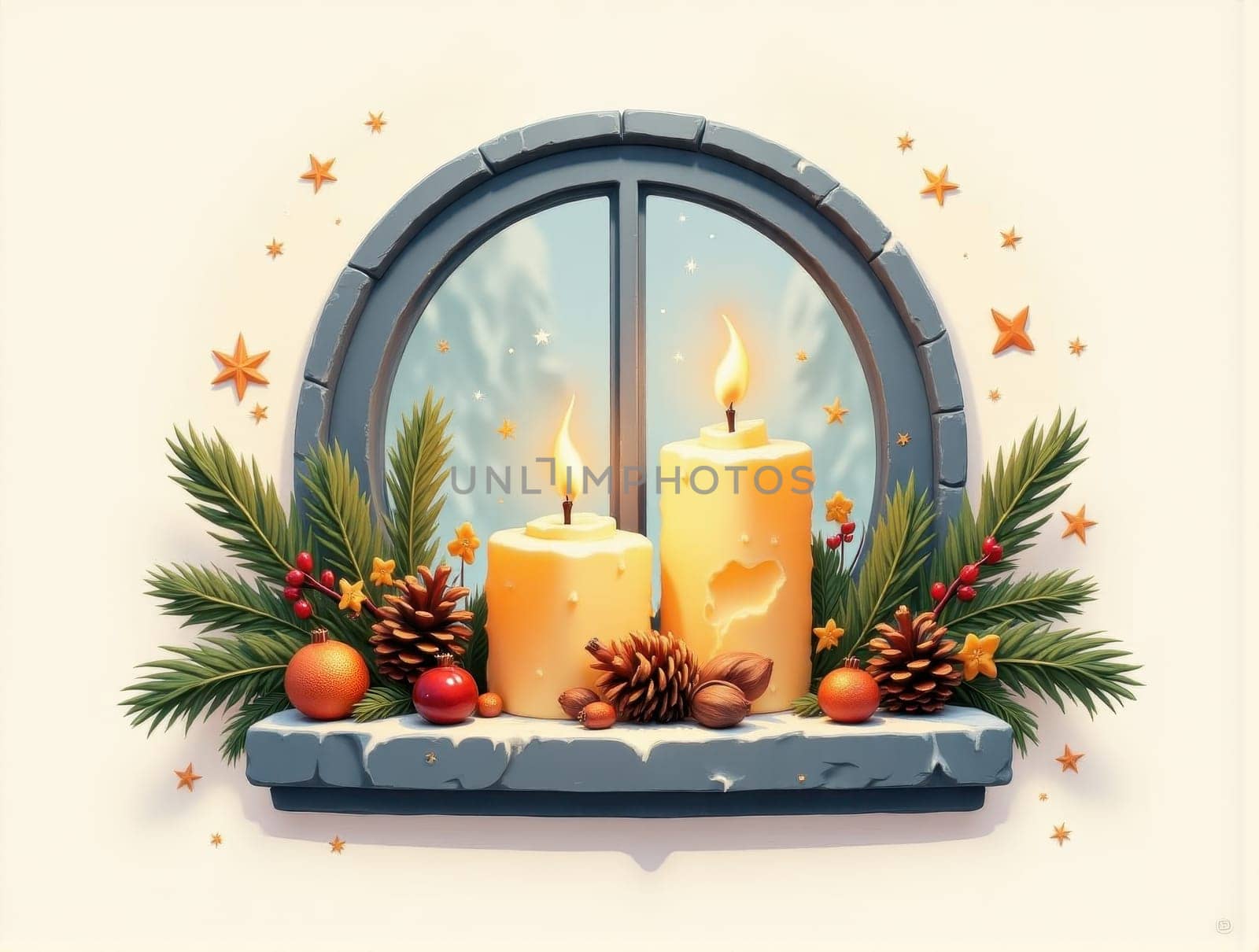 Three Candles Glow on a Window Sill Surrounded by Evergreen Branches and Glass Ornaments. A Cozy Christmas and Thanksgiving Scene Evoking Warmth and Holiday Spirit. This enchanting image features three flickering candles placed on a window sill, casting a warm glow that enhances the festive atmosphere of Christmas and Thanksgiving. The candles are beautifully complemented by fresh evergreen branches and colorful glass ornaments, creating a charming holiday display. The soft light from the candles reflects off the ornaments, adding a magical touch to the scene. This cozy setup is perfect for capturing the essence of the holiday season, making it ideal for use in greeting cards, holiday decorations, or marketing materials focused on festive celebrations and home decor.