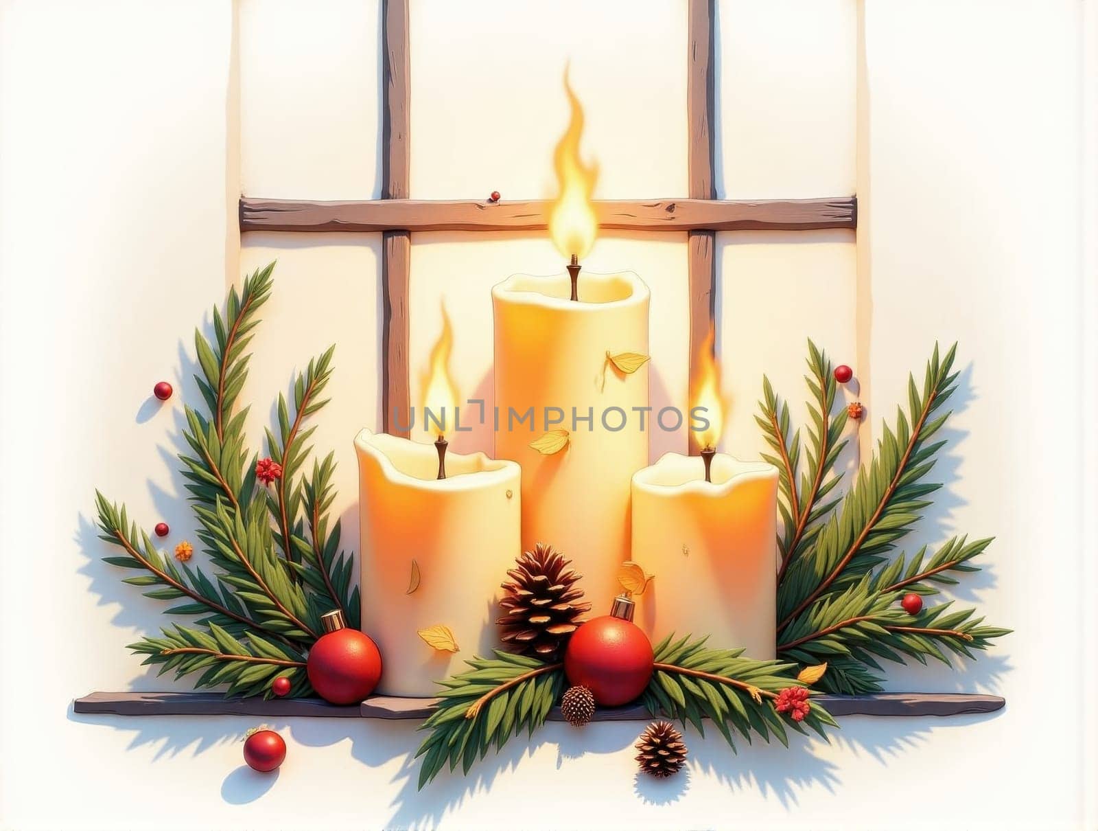 Three Candles Glow on a Window Sill Surrounded by Evergreen Branches and Glass Ornaments. A Cozy Christmas and Thanksgiving Scene Evoking Warmth and Holiday Spirit. This enchanting image features three flickering candles placed on a window sill, casting a warm glow that enhances the festive atmosphere of Christmas and Thanksgiving. The candles are beautifully complemented by fresh evergreen branches and colorful glass ornaments, creating a charming holiday display. The soft light from the candles reflects off the ornaments, adding a magical touch to the scene. This cozy setup is perfect for capturing the essence of the holiday season, making it ideal for use in greeting cards, holiday decorations, or marketing materials focused on festive celebrations and home decor.