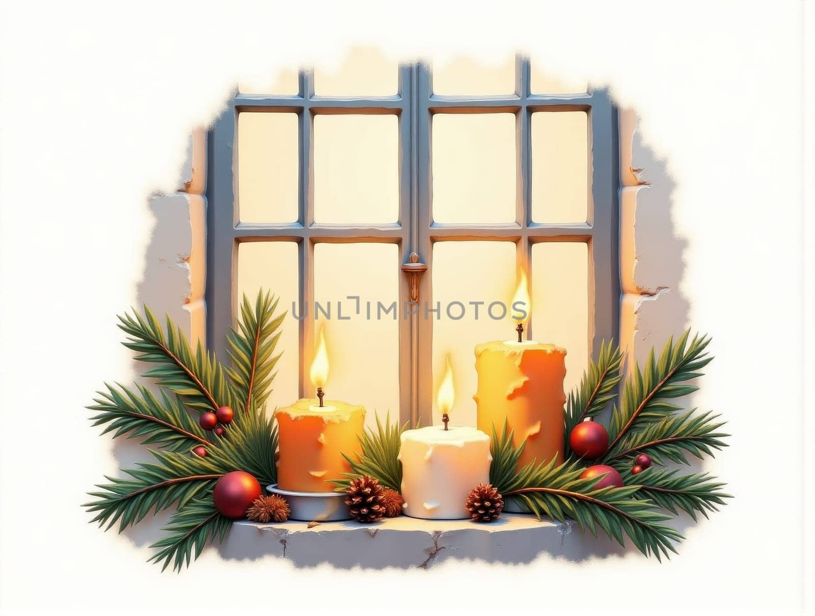 Three Candles Glow on a Window Sill Surrounded by Evergreen Branches and Glass Ornaments. A Cozy Christmas and Thanksgiving Scene Evoking Warmth and Holiday Spirit. This enchanting image features three flickering candles placed on a window sill, casting a warm glow that enhances the festive atmosphere of Christmas and Thanksgiving. The candles are beautifully complemented by fresh evergreen branches and colorful glass ornaments, creating a charming holiday display. The soft light from the candles reflects off the ornaments, adding a magical touch to the scene. This cozy setup is perfect for capturing the essence of the holiday season, making it ideal for use in greeting cards, holiday decorations, or marketing materials focused on festive celebrations and home decor.