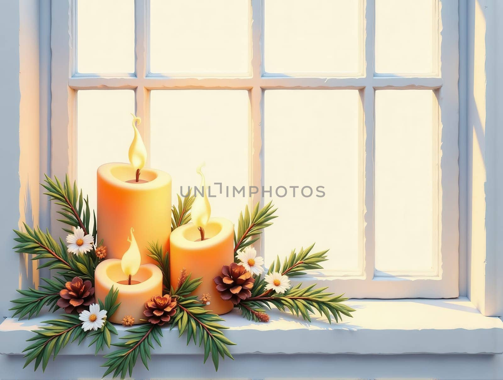 Three Candles Glow on a Window Sill Surrounded by Evergreen Branches and Glass Ornaments. A Cozy Christmas and Thanksgiving Scene Evoking Warmth and Holiday Spirit. This enchanting image features three flickering candles placed on a window sill, casting a warm glow that enhances the festive atmosphere of Christmas and Thanksgiving. The candles are beautifully complemented by fresh evergreen branches and colorful glass ornaments, creating a charming holiday display. The soft light from the candles reflects off the ornaments, adding a magical touch to the scene. This cozy setup is perfect for capturing the essence of the holiday season, making it ideal for use in greeting cards, holiday decorations, or marketing materials focused on festive celebrations and home decor.