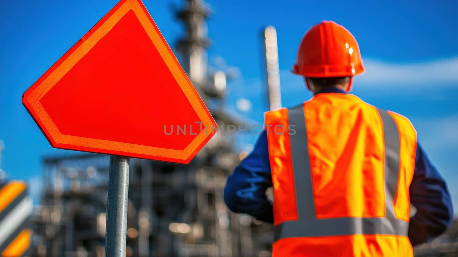 Safety worker in bright vest near warning sign at oil refinery site.