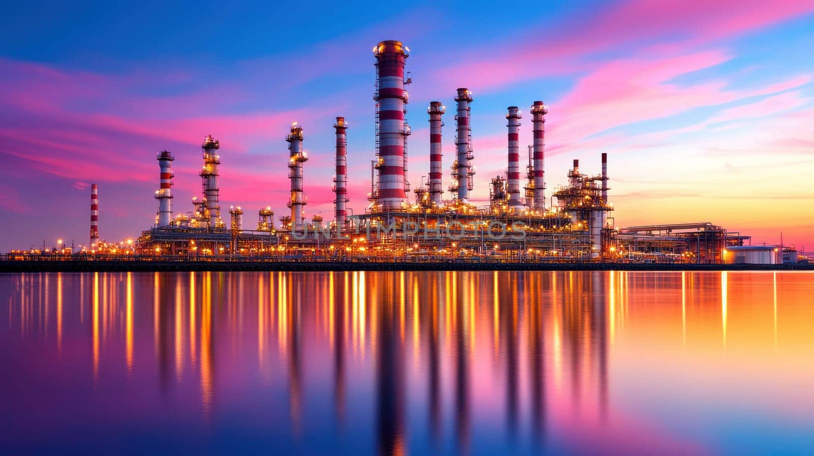serene oil refinery plant reflecting on water during sunset.
