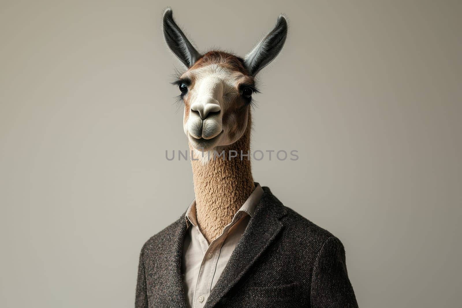 This charming portrait features a whimsical llama dressed in a suit, captured in a studio setting against a dark brown background, offering a unique blend of elegance and humor.