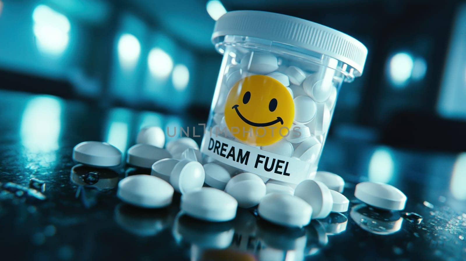 Prescription container filled with white pills, labeled Dream Fuel, evokes curiosity and intrigue.