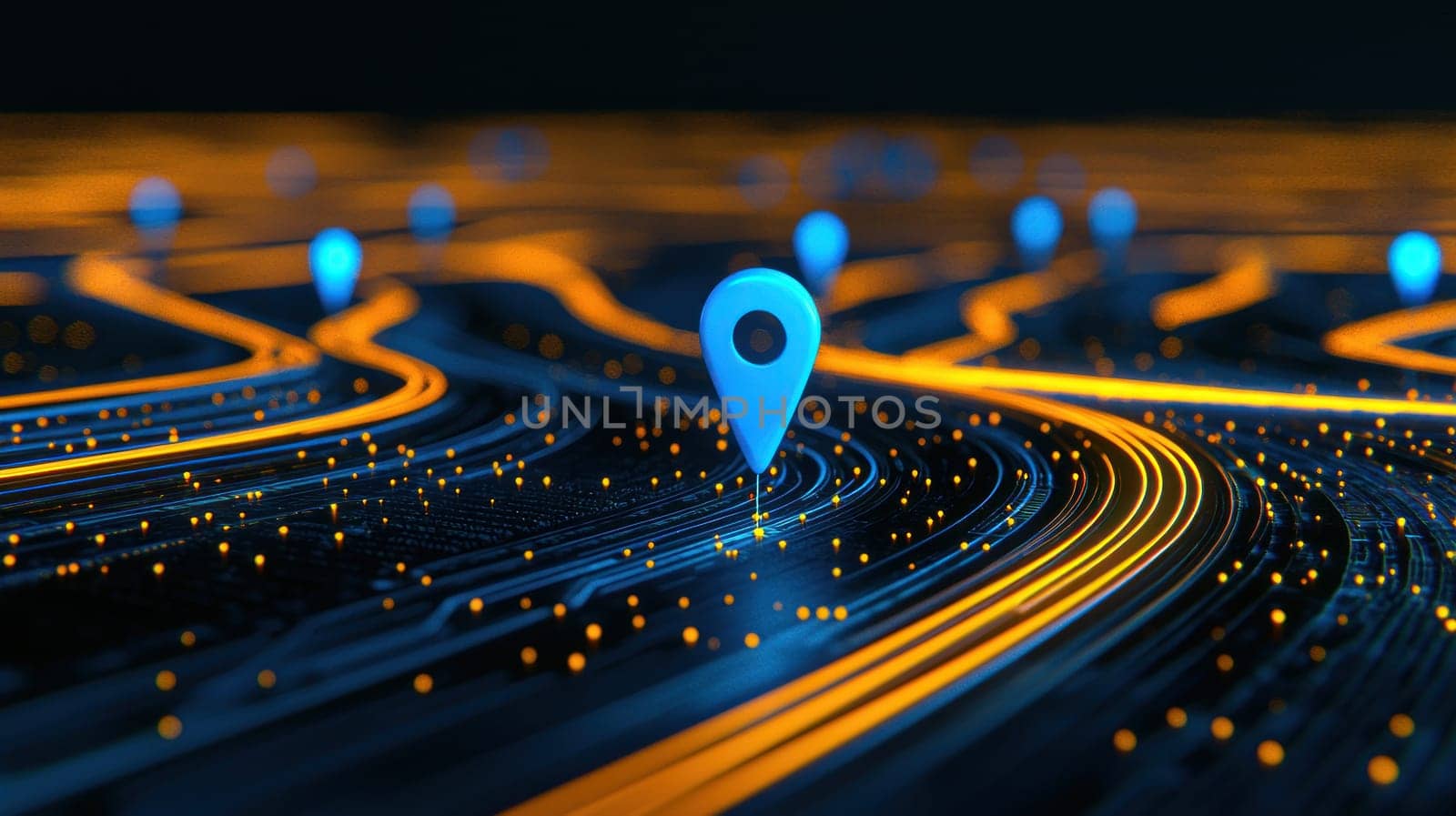 Digital map with glowing markers and flowing lines creates vibrant scene.