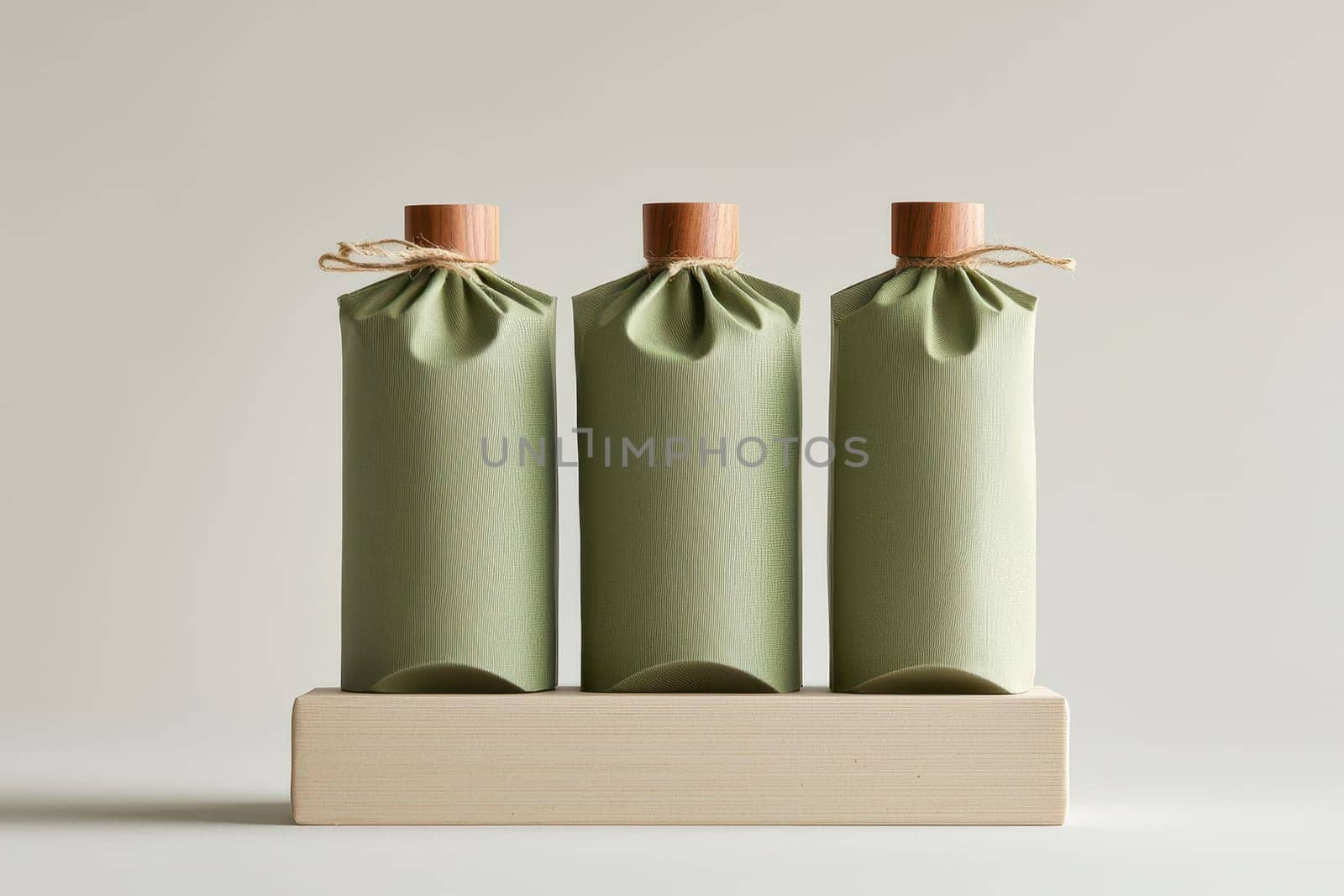 This image features elegant sustainable packaging designed with eco-friendly materials. The soft green containers create a beautiful display suitable for various products.
