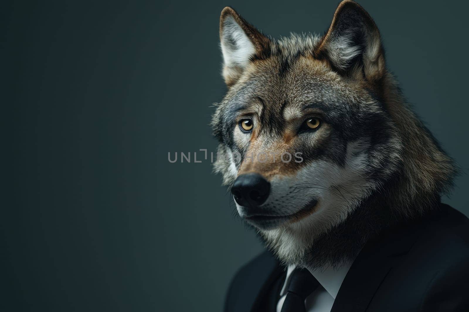 A striking portrait of a wolf wearing a black suit, blending elegance and wildness. This image captures a sharp, sophisticated expression in a captivating manner.