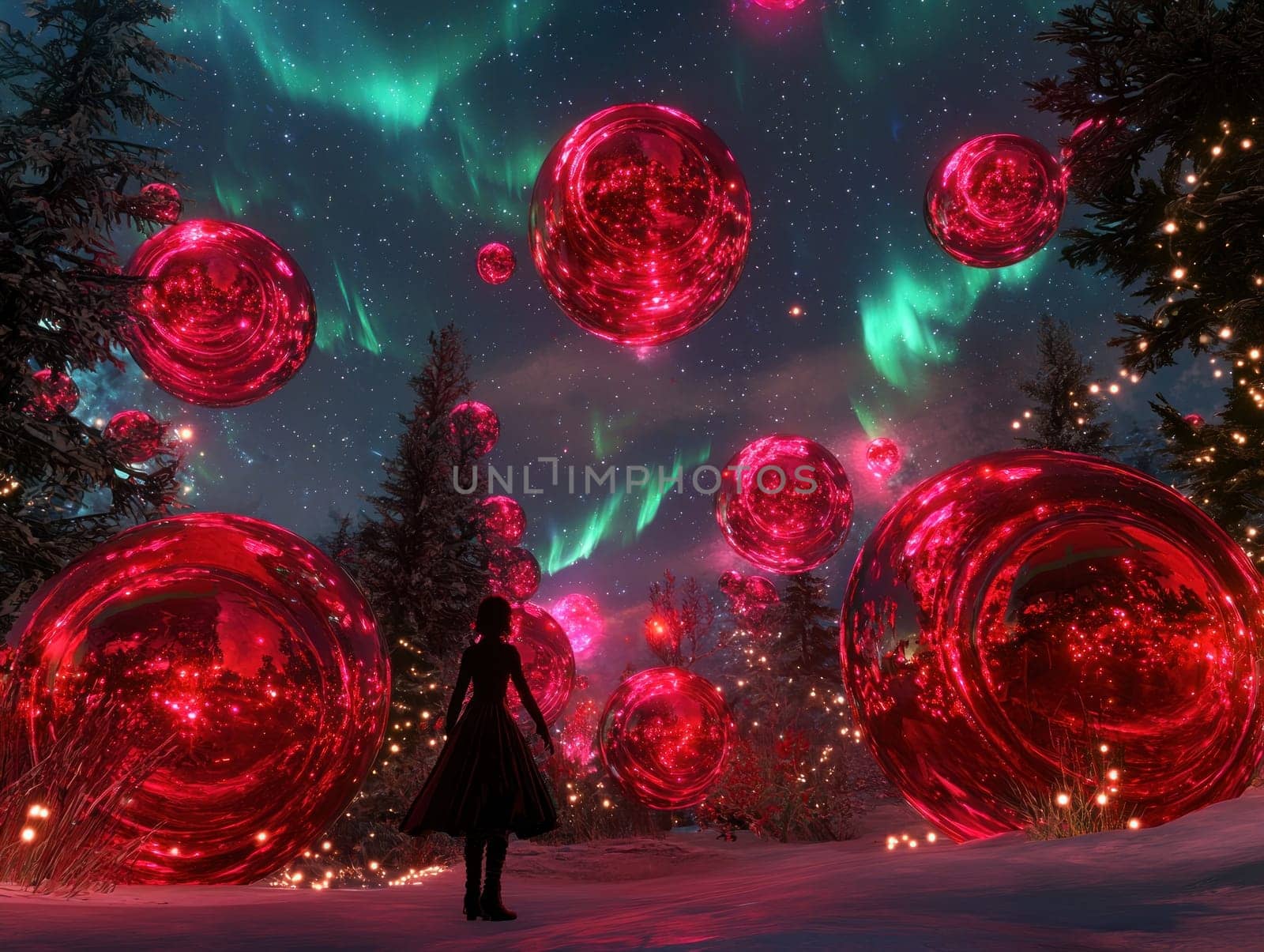surreal landscape featuring oversized red baubles under starry sky.