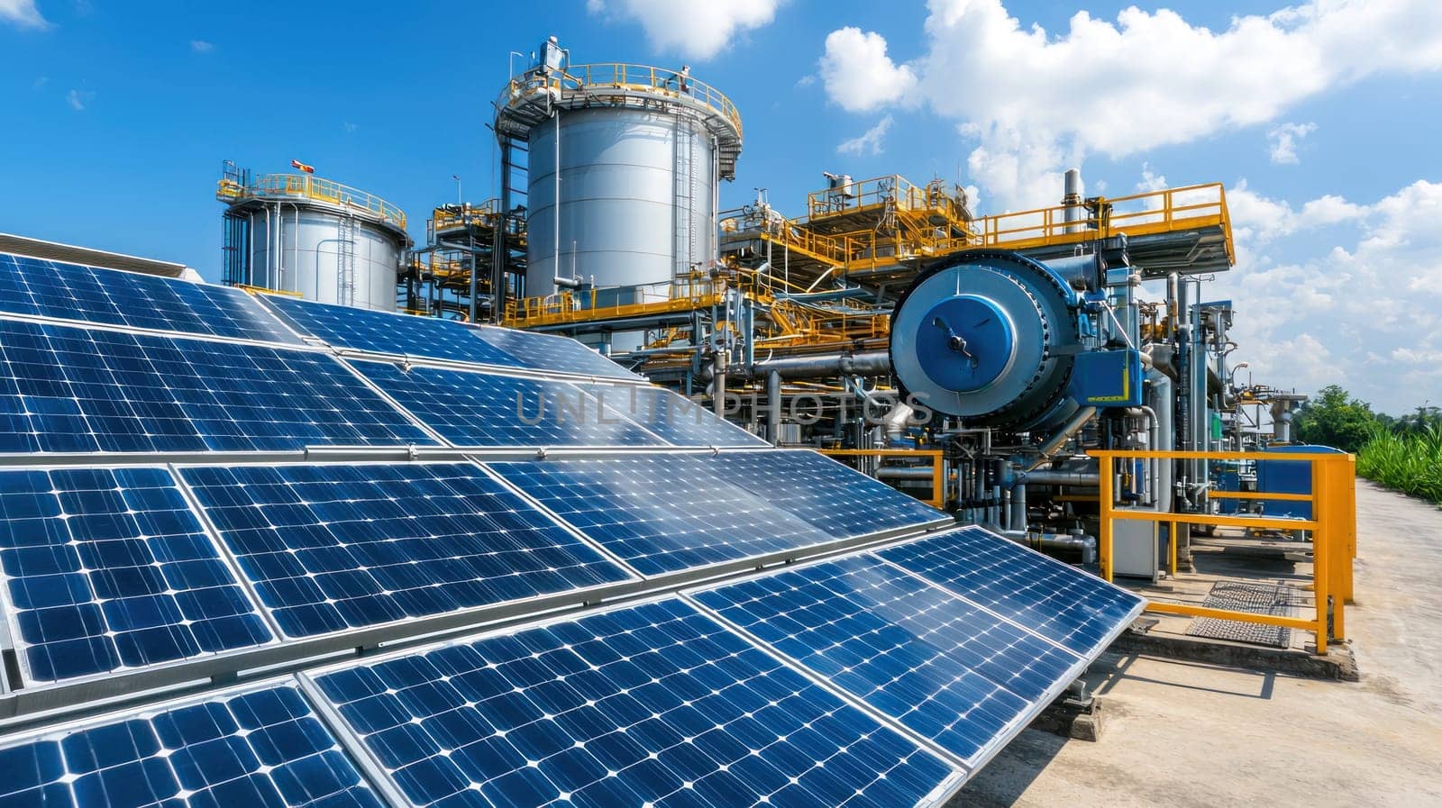 Harnessing renewable energy, solar panels complement biofuel plant.