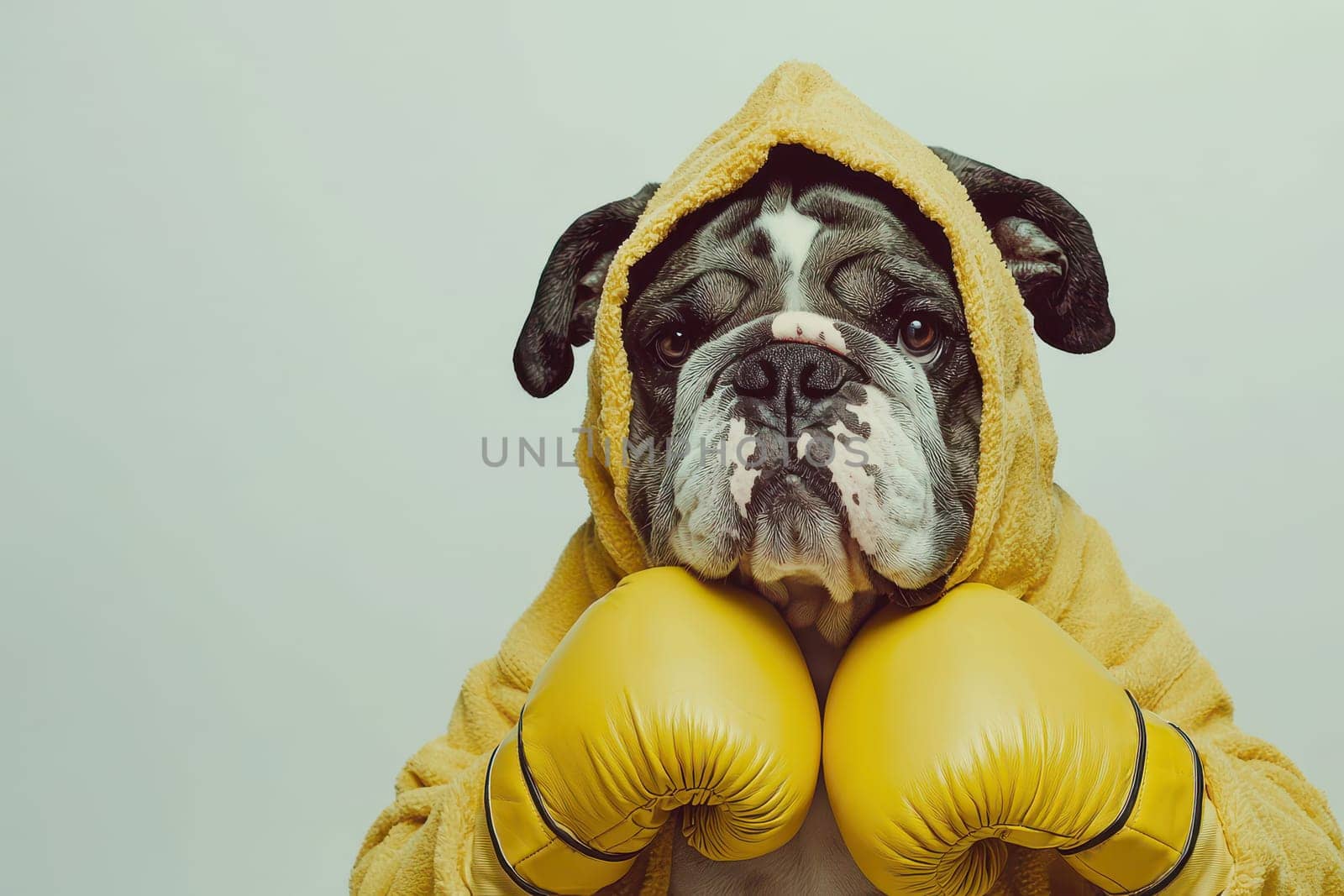 This photorealistic portrait features an adorable bulldog wearing a yellow hoodie and boxing gloves, showcasing its charming personality in a playful setting.