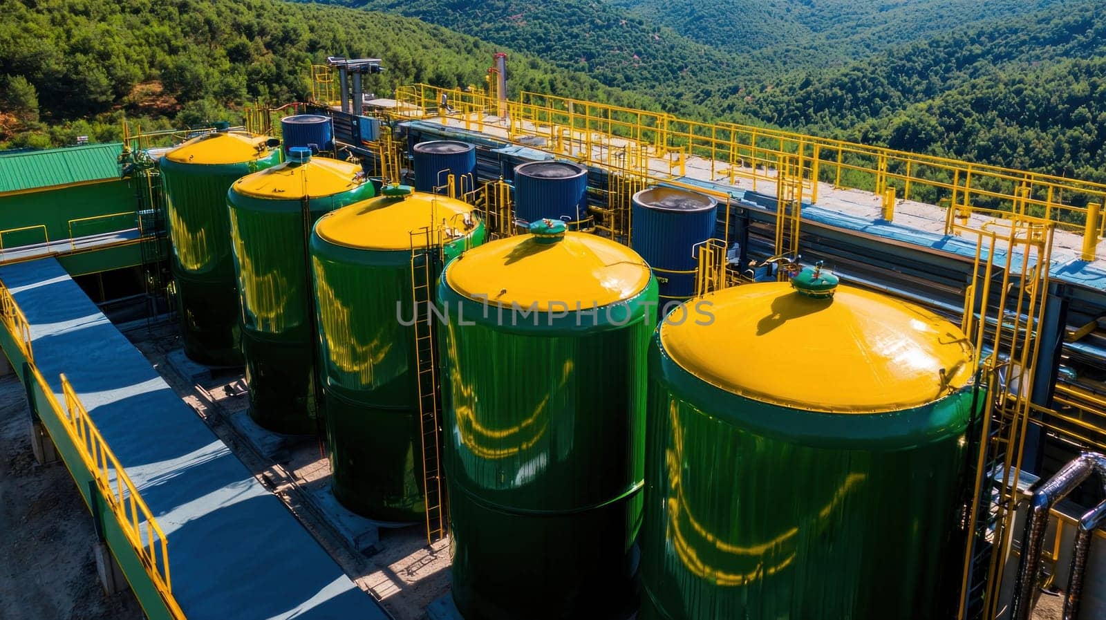Large green tanks with yellow tops at biodiesel plant surrounded by nature.