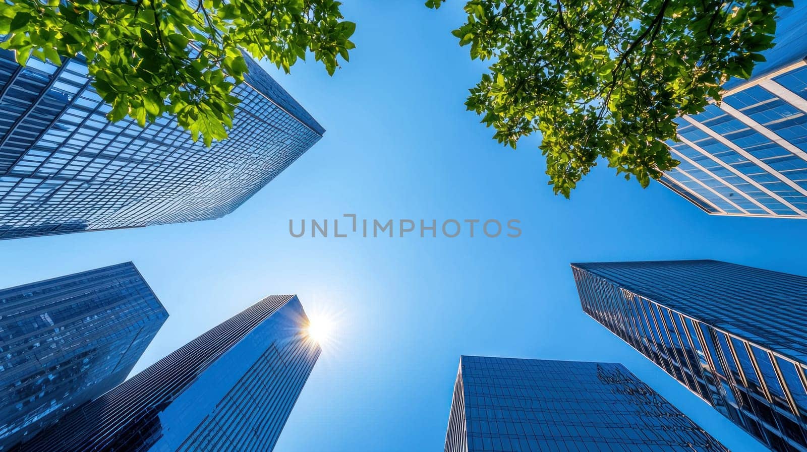 Bright blue sky and modern skyscrapers create stunning urban view.