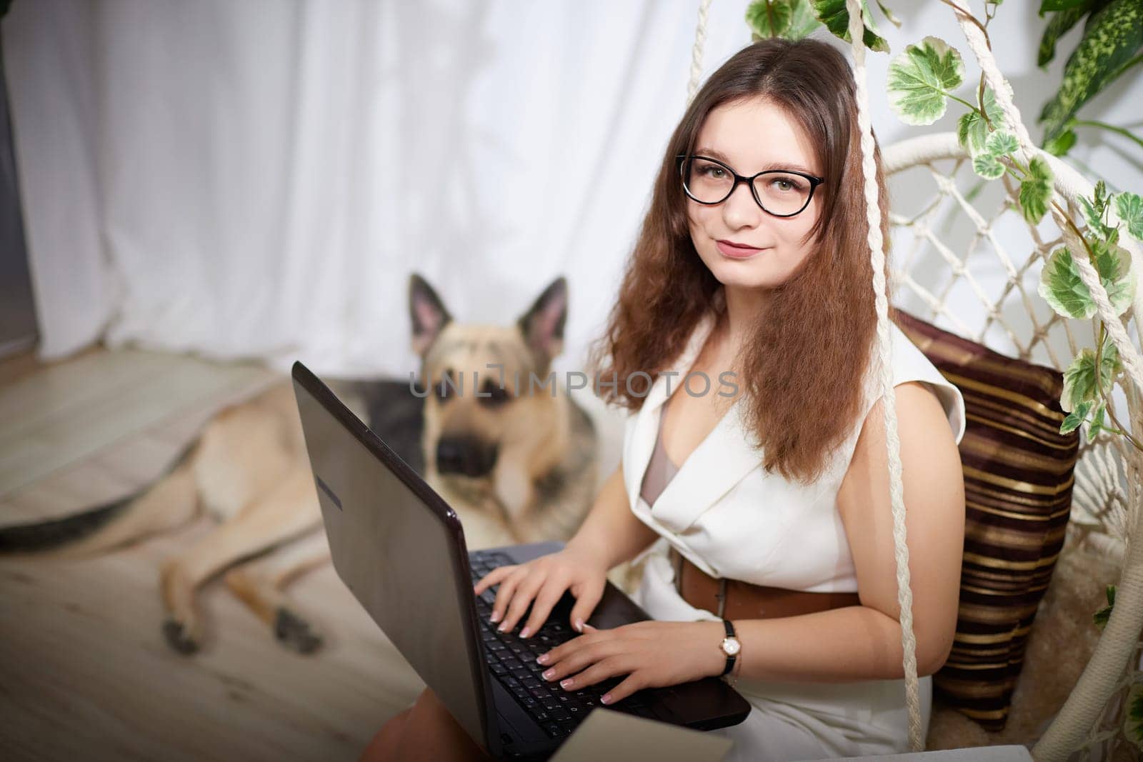 A woman sits on a swing, focused on her laptop, with a German Shepherd lying nearby in a cozy indoor setting.