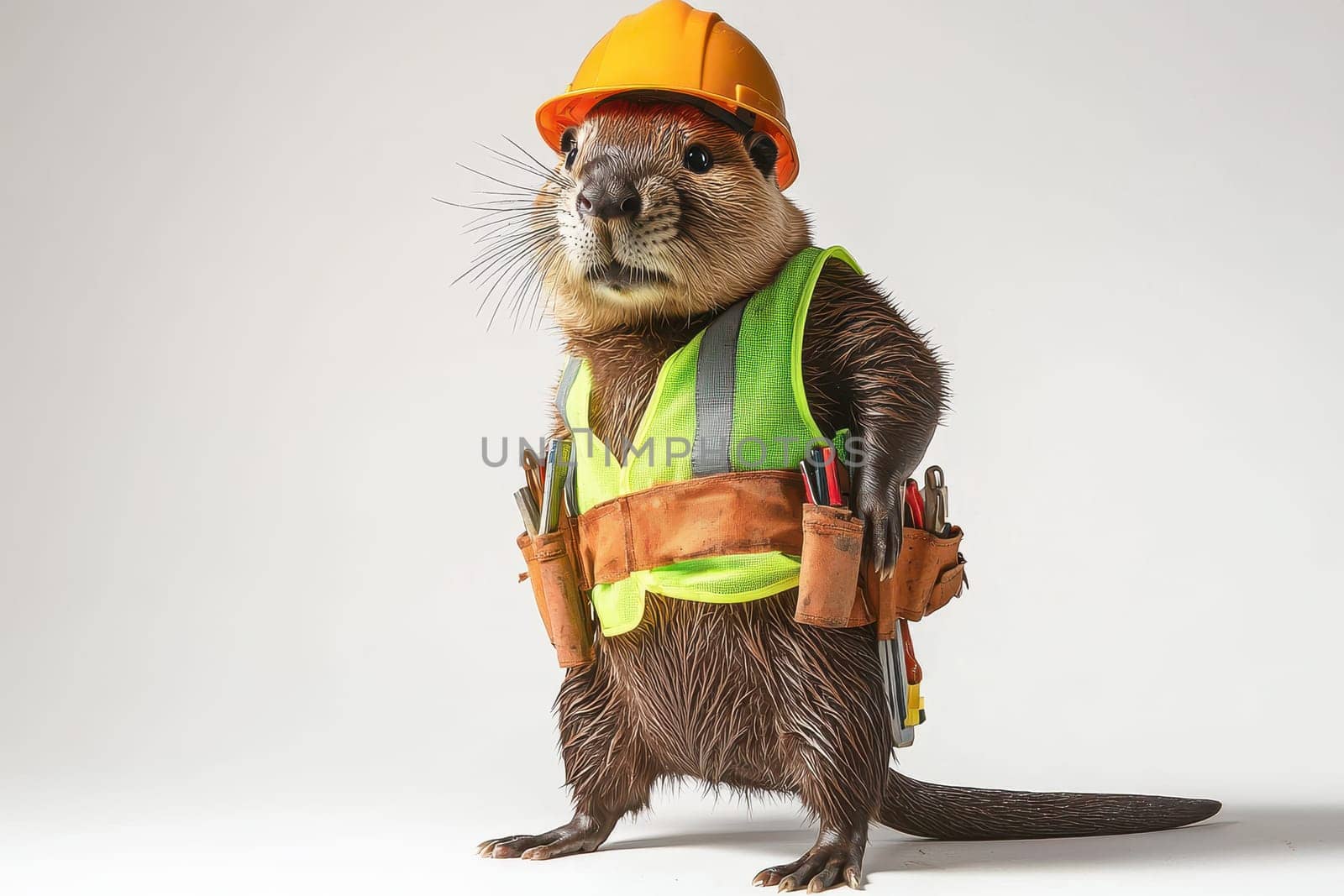 A whimsical beaver dressed in construction attire, complete with a safety helmet and tool belt. This playful image features the furry character in an amusing pose, embodying a hardworking spirit in a humorous way. Perfect for creative projects.