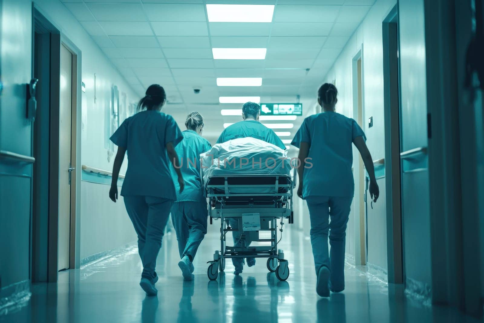 A medical team swiftly transports a patient on a gurney through a hospital hallway, embodying the urgency and dedication of healthcare professionals in action.