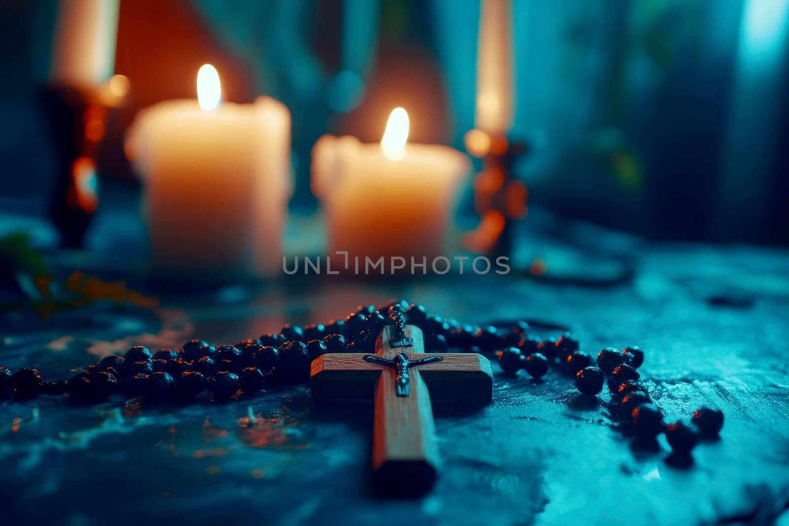Rosary with Christ on the Cross with candle light background . symbolizing religious prayer concept.
