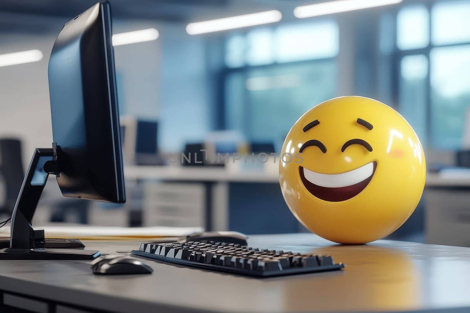 A cheerful emoji figure sits beside a computer in a modern office, illustrating a friendly and inviting workspace filled with technology and creativity.