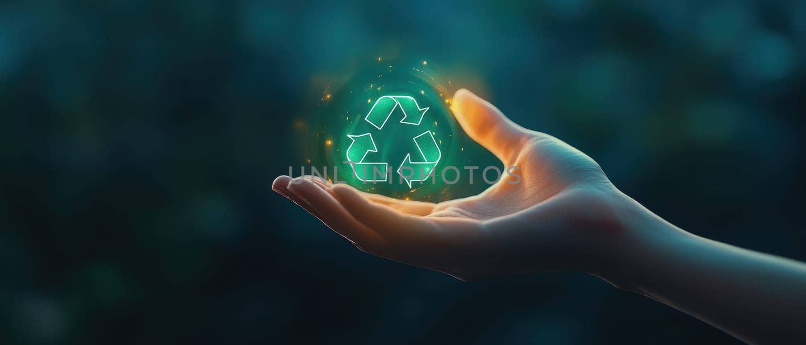 A hand holds a glowing recycle symbol, representing eco-friendliness and sustainability. This captivating image conveys a powerful message about environmental awareness and responsibility.