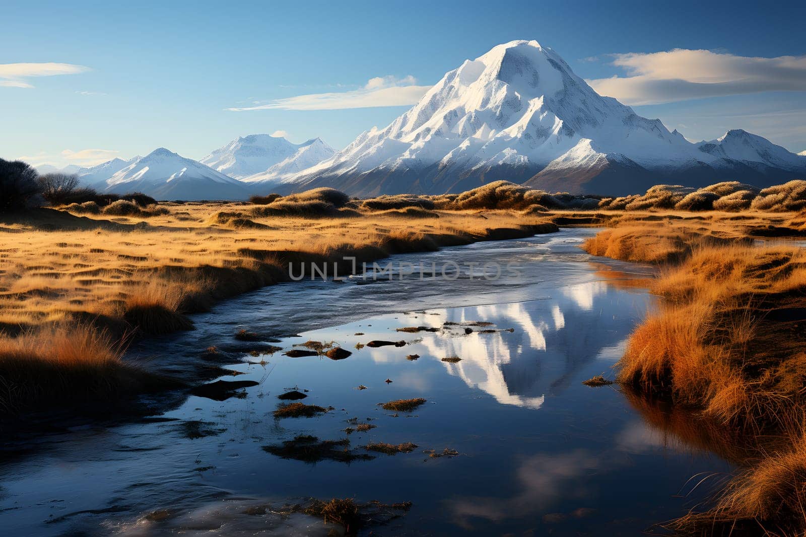 Snow-capped mountain reflecting in a peaceful stream, surrounded by golden grass.