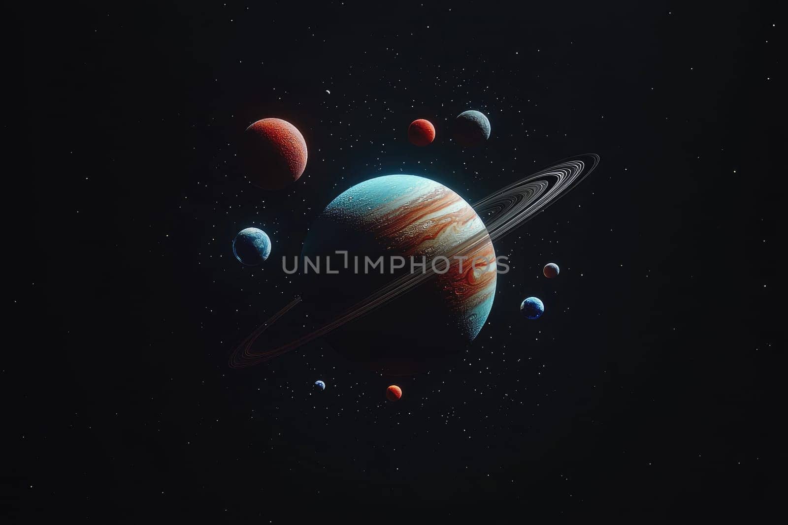 Colorful planets in curved solar system arrangement.