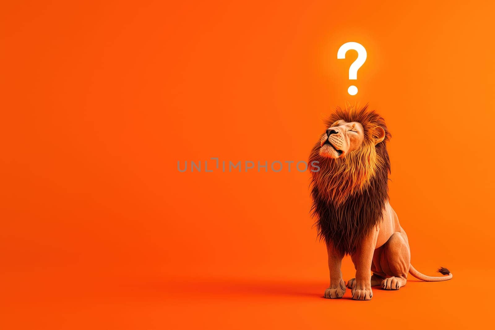Stylish lion with question mark on orange background.