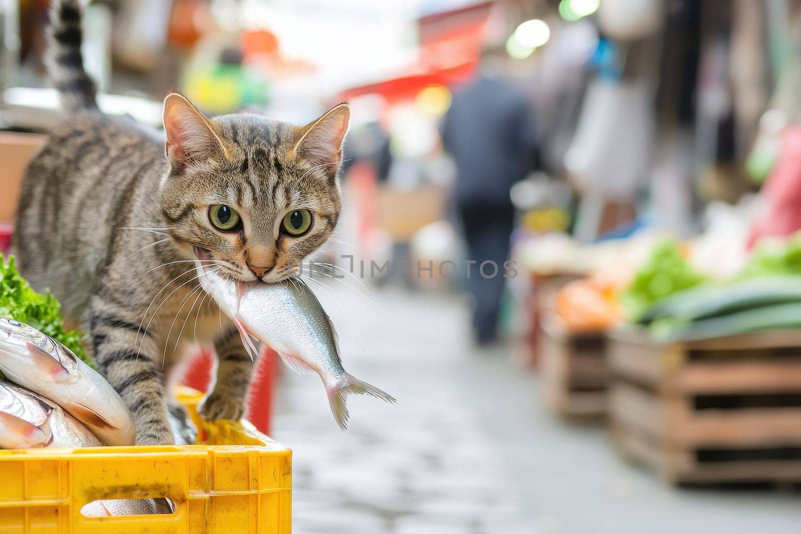 A clever cat elegantly carries a fish in its mouth while navigating a vibrant street market filled with fresh produce and lively activity.