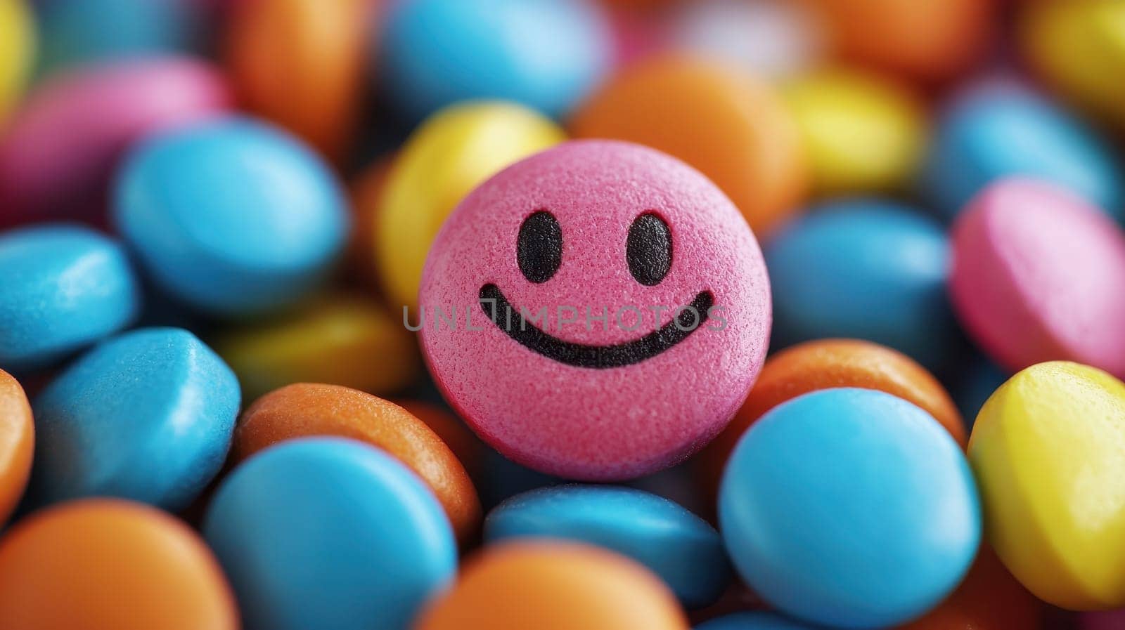 A vibrant assortment of colorful candies featuring a happy emoji smiley face. Perfect for themes of joy, celebration, and playful moments in food photography.